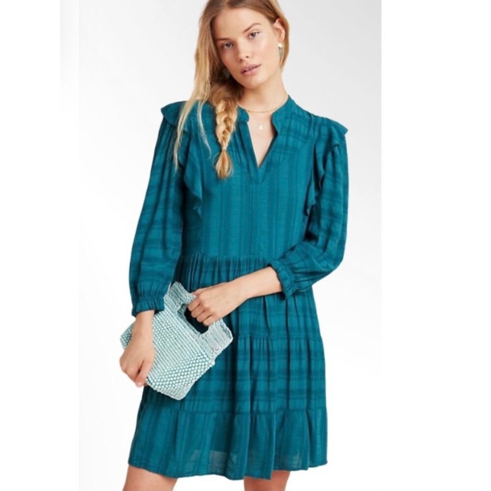 Anthropologie Amadi Dark Green Long Sleeve Ruffle Mini Dress